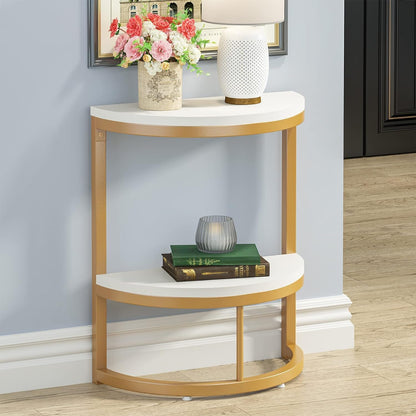 Wrought Iron 2-Tier Half Round Side Table with Storage