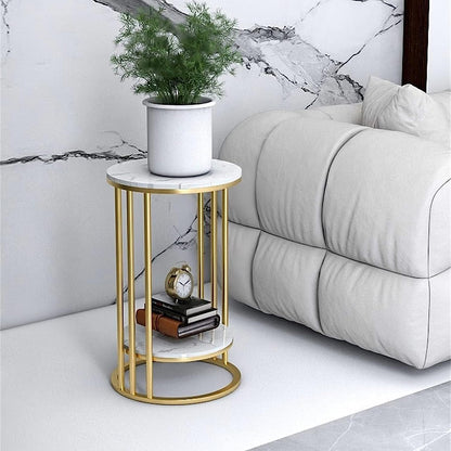 Round 2-Tier Marble End Table with Open Shelves