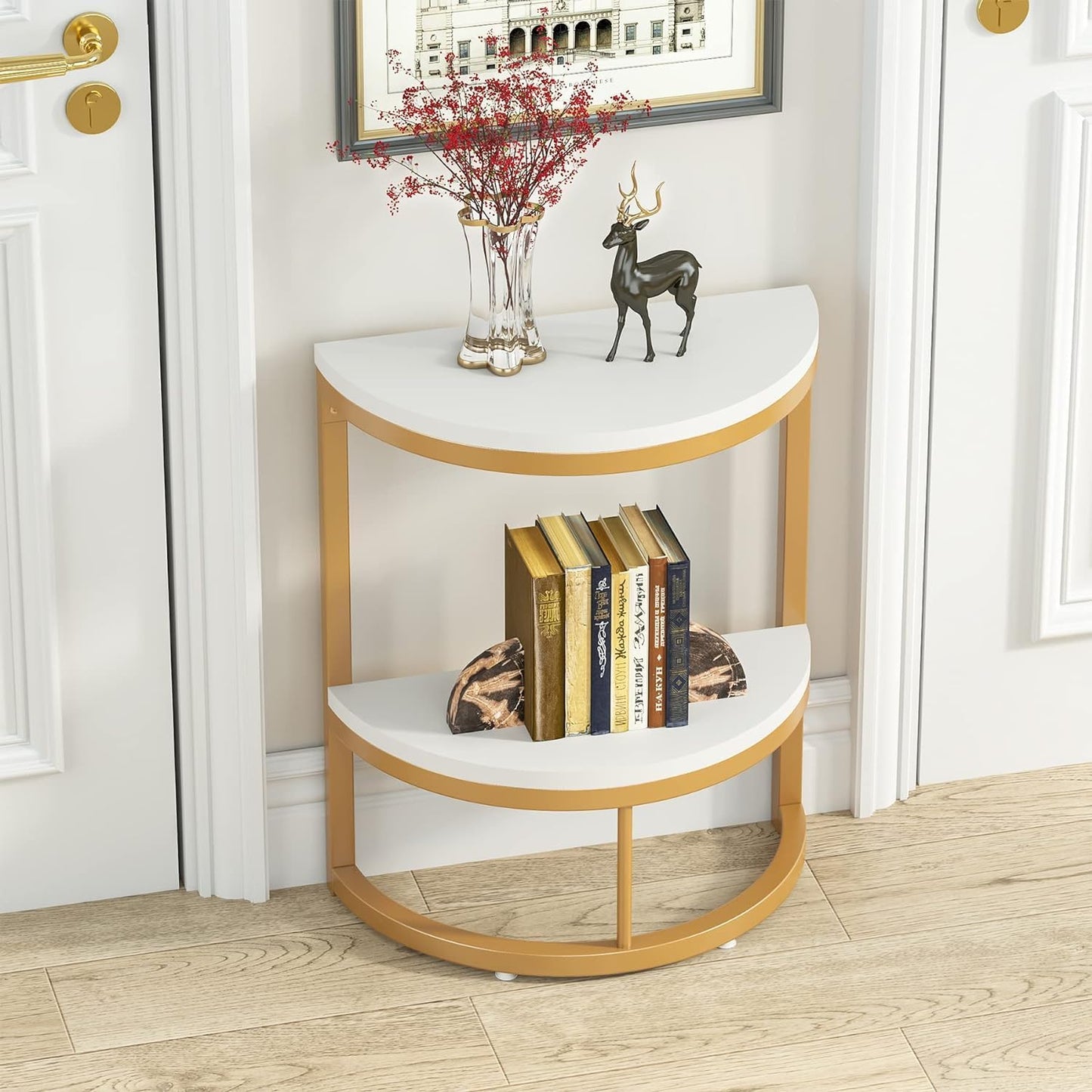 Wrought Iron 2-Tier Half Round Side Table with Storage