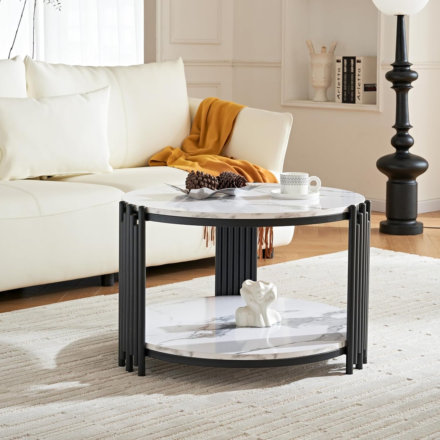 Modern Round Coffee Table with 2-Tier Storage for Living Room