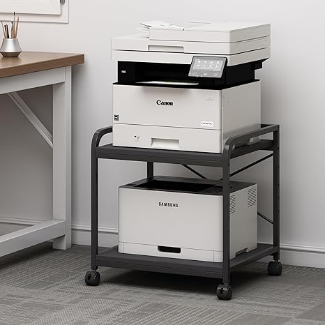 Printer and scanner on a rolling cart in an office setting