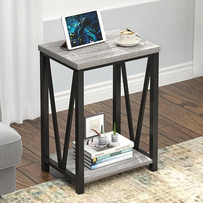 "Modern Edge V-Frame Narrow Side Table with Dark Wood Finish – Compact End Table with Geometric Metal Design and 2-Tier Open Storage – Perfect for Living Room, Bedroom, or Entryway Décor – Sleek,