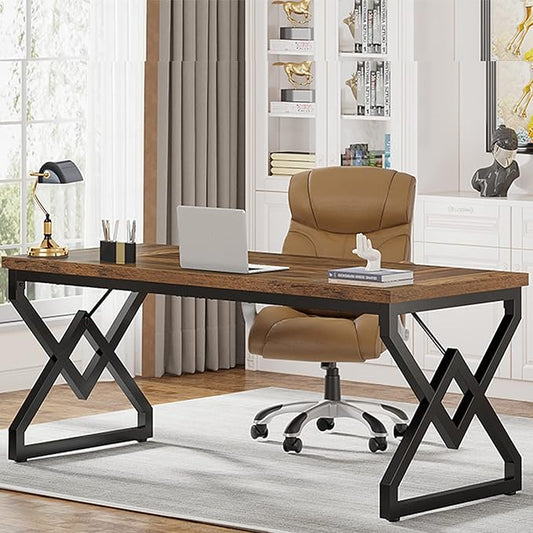 Wooden desk with black metal legs in a home office setting