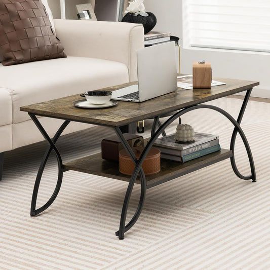 2-Tier Marble Coffee Table - Modern Metal Frame