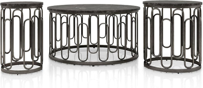 Modern Round Center Table with Coffee Tables – Wooden Marble Texture Top, Metal Legs, Living Room Decorative Metal Base Furniture (Set of 3)