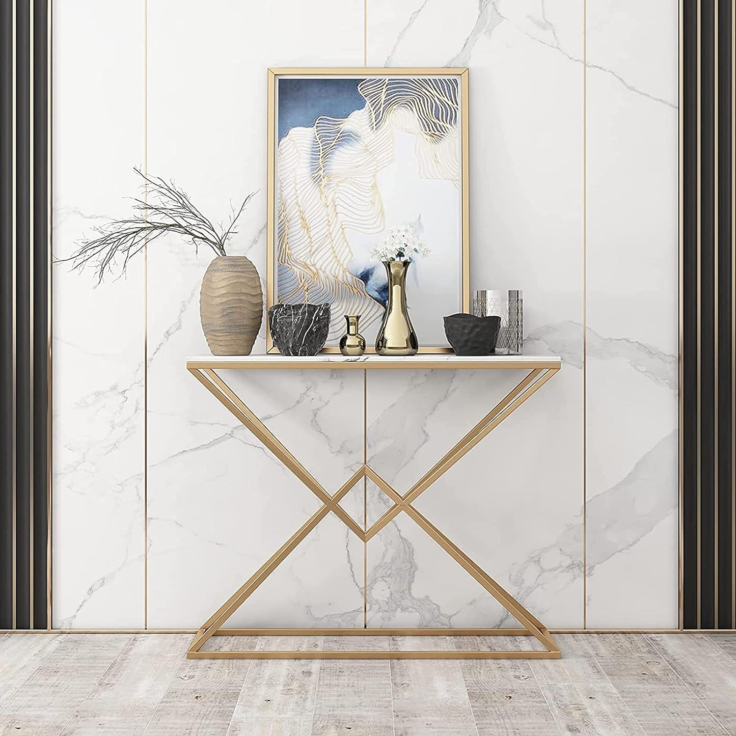 Diamond Console Table with Gold Paint Finish - Living Room