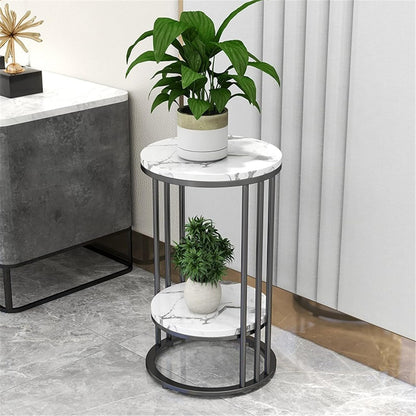 Round 2-Tier Marble End Table with Open Shelves