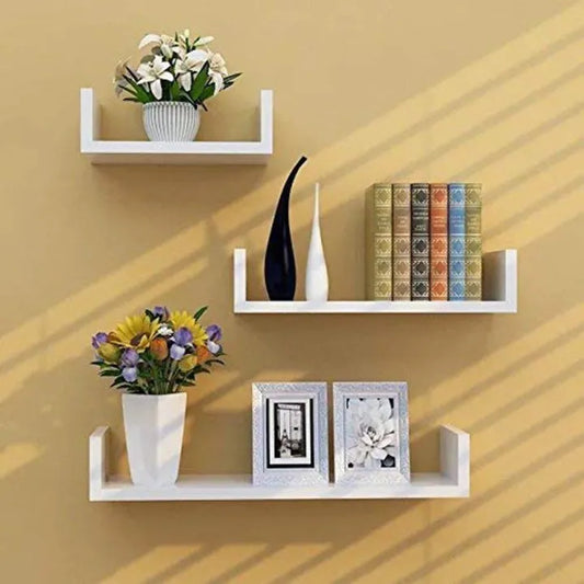 Set of 3 Wood Floating Shelves - Modern U-Shape Design