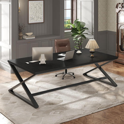 Elevate Executive Computer Desk, black powder-coated metal meets a sleek & wooden marble texture sheet