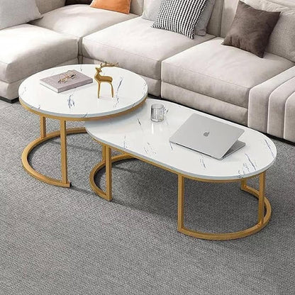 Modern Oval Shape wooden Marble Texture Sheet Center Table