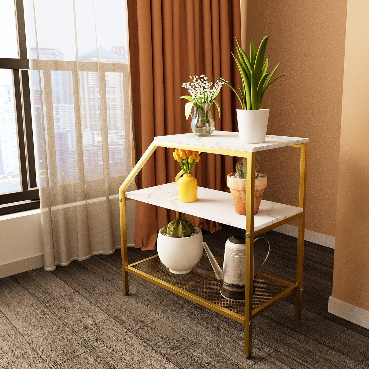 3-Tier White Marble End Table - Modern Wood for Small Spaces