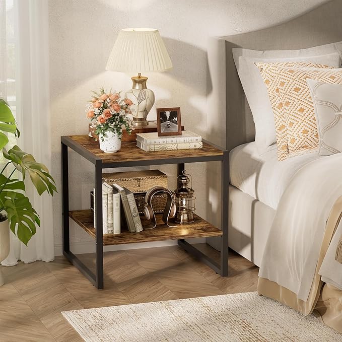 Black Metal Frame Side Table with 2-Tier Storage Modern Minimalist Nightstand, End Table or Living Room Accent Piece with Sleek Matte Finish and Open Shelf Design for Books,