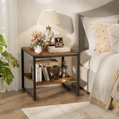 Black Metal Frame Side Table with 2-Tier Storage Modern Minimalist Nightstand, End Table or Living Room Accent Piece with Sleek Matte Finish and Open Shelf Design for Books,