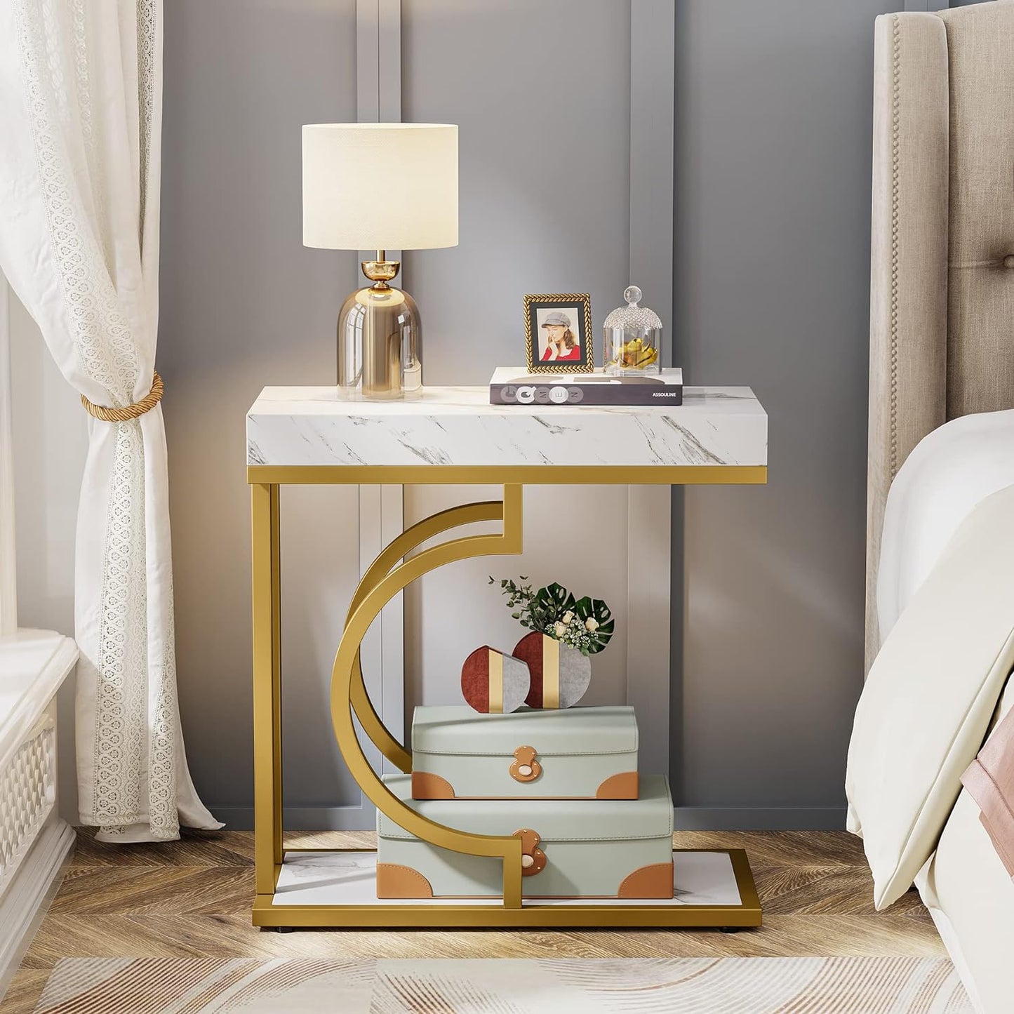 C-Shaped Narrow Side Table - Bedside Table for Living Room