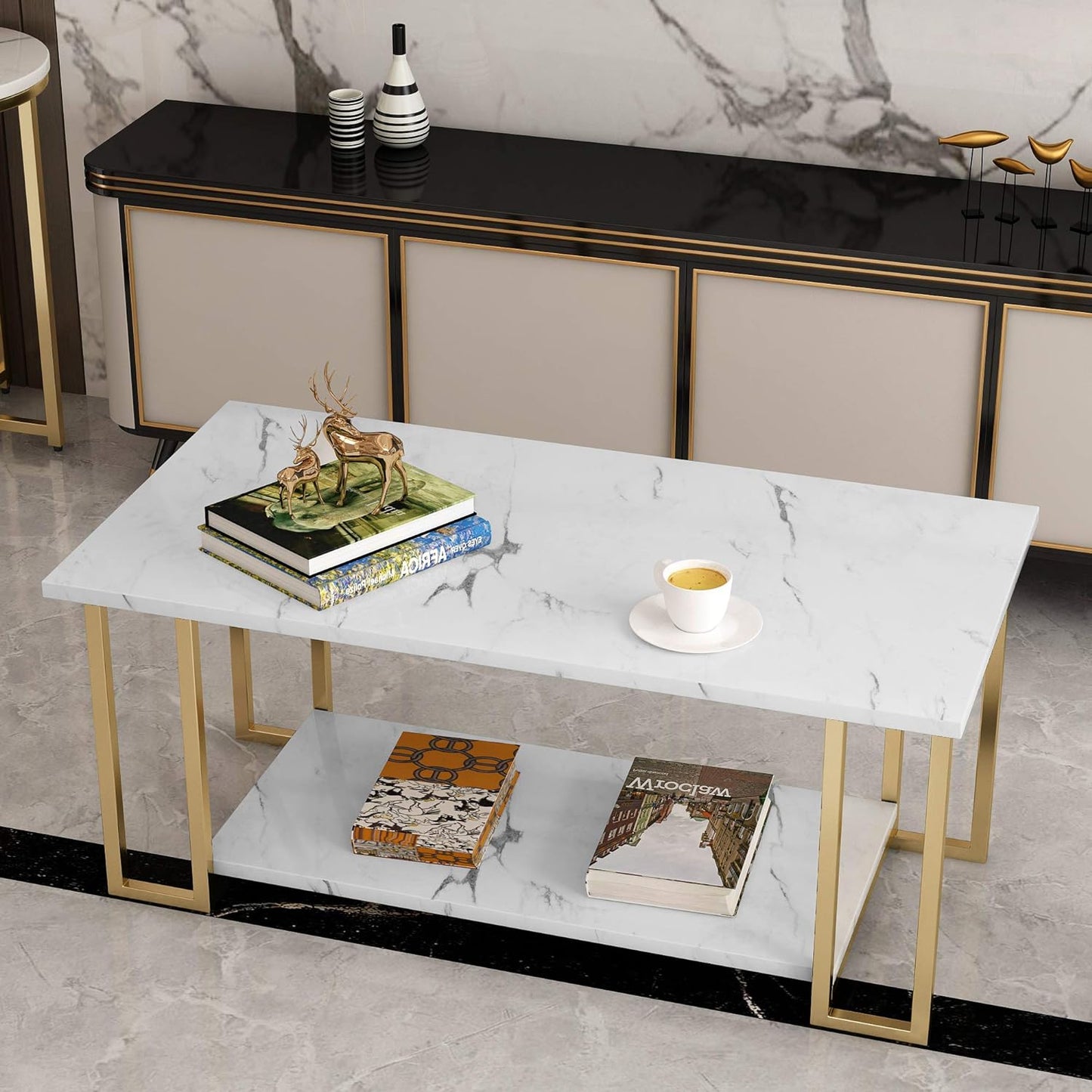 Gold Rectangle Coffee Table with Faux Marble for Living Room