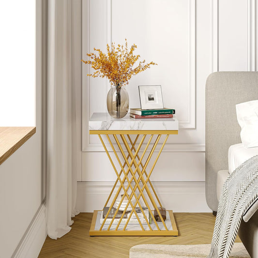 2-Tier Square Faux Marble End Table - Modern White & Gold