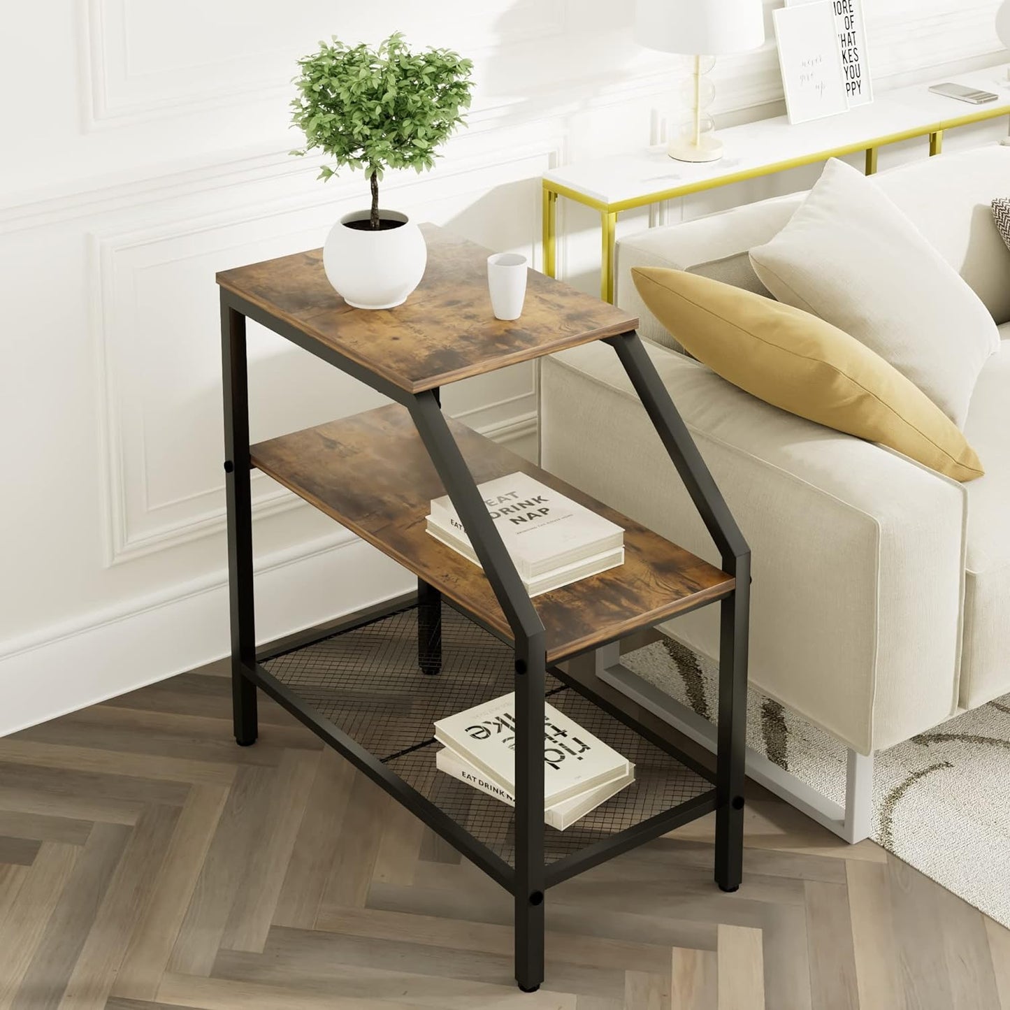 3-Tier White Marble End Table - Modern Wood for Small Spaces