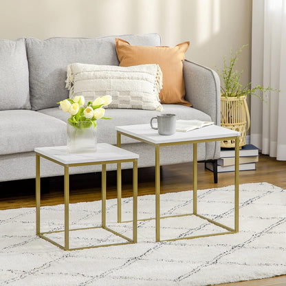 Set of 2 Square Nesting Tables with Metal Frame for Living Room