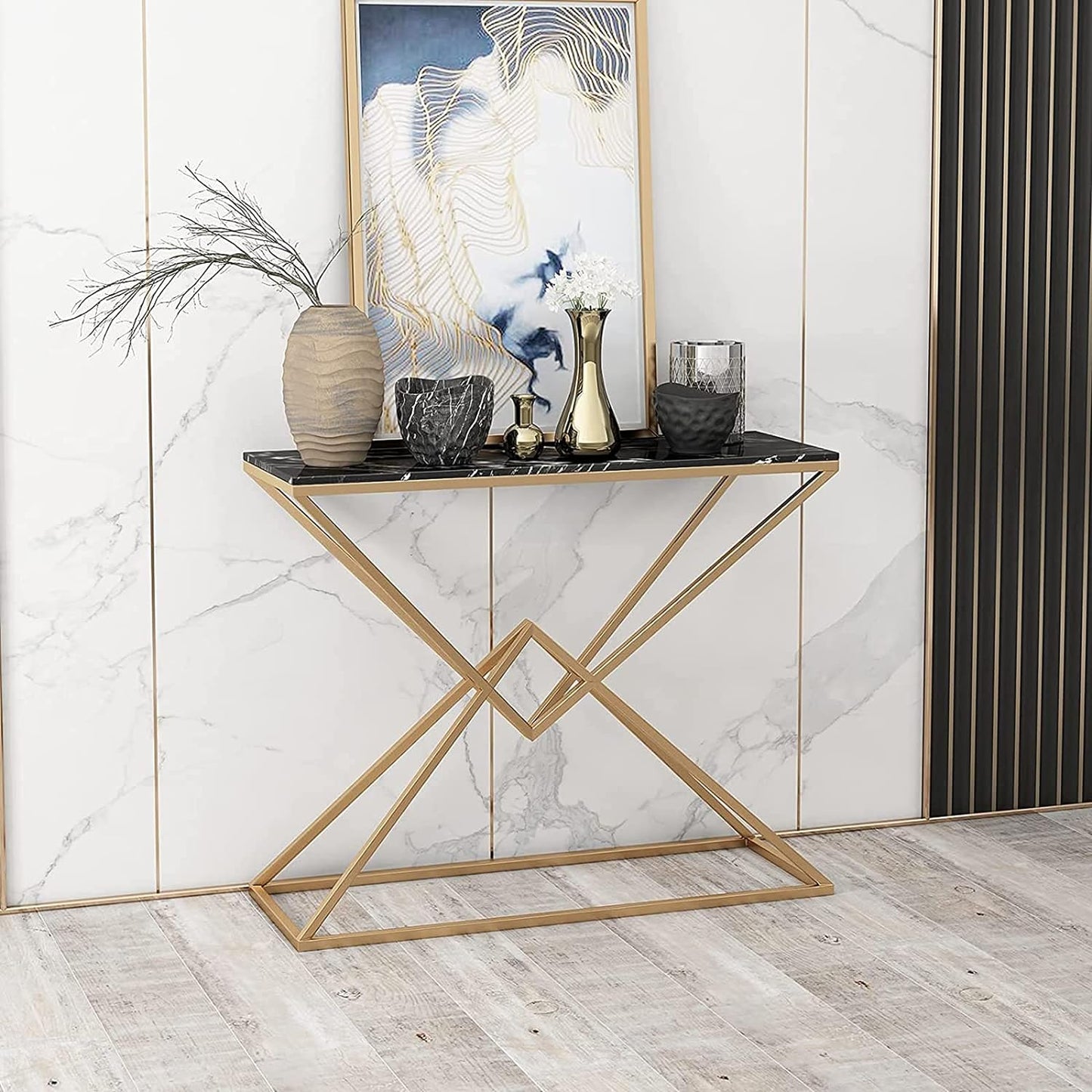 Diamond Console Table with Gold Paint Finish - Living Room