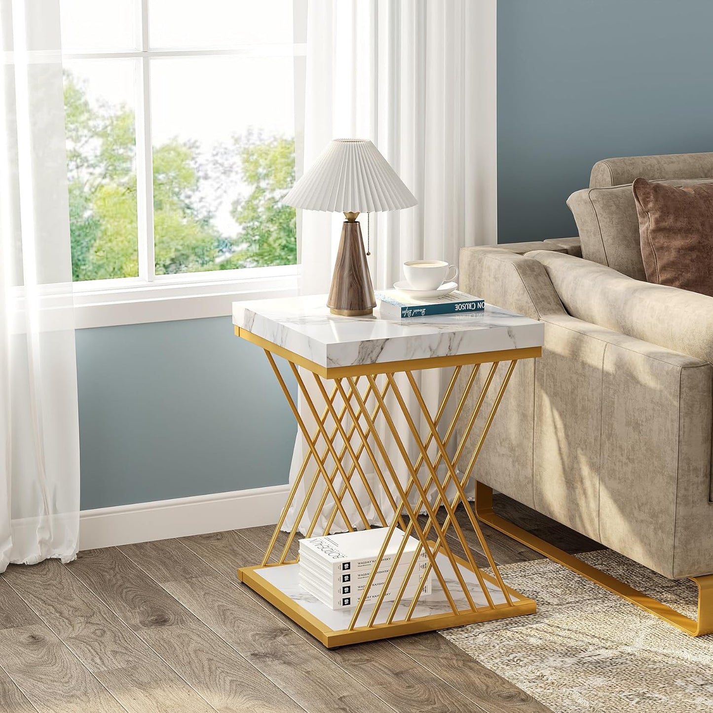 2-Tier Square Faux Marble End Table - Modern White & Gold