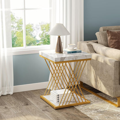 2-Tier Square Faux Marble End Table - Modern White & Gold