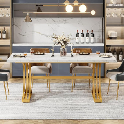 Rectangular Dining Table for 4 to 6, White Gold Kitchen Tables for Dining Room, Modern Dinner Table with Marble texture Top and Stylish Metal Legs (Only Dining Table)