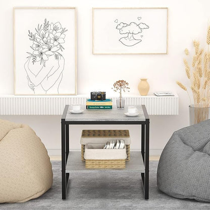 Black Metal Frame Side Table with 2-Tier Storage Modern Minimalist Nightstand, End Table or Living Room Accent Piece with Sleek Matte Finish and Open Shelf Design for Books,