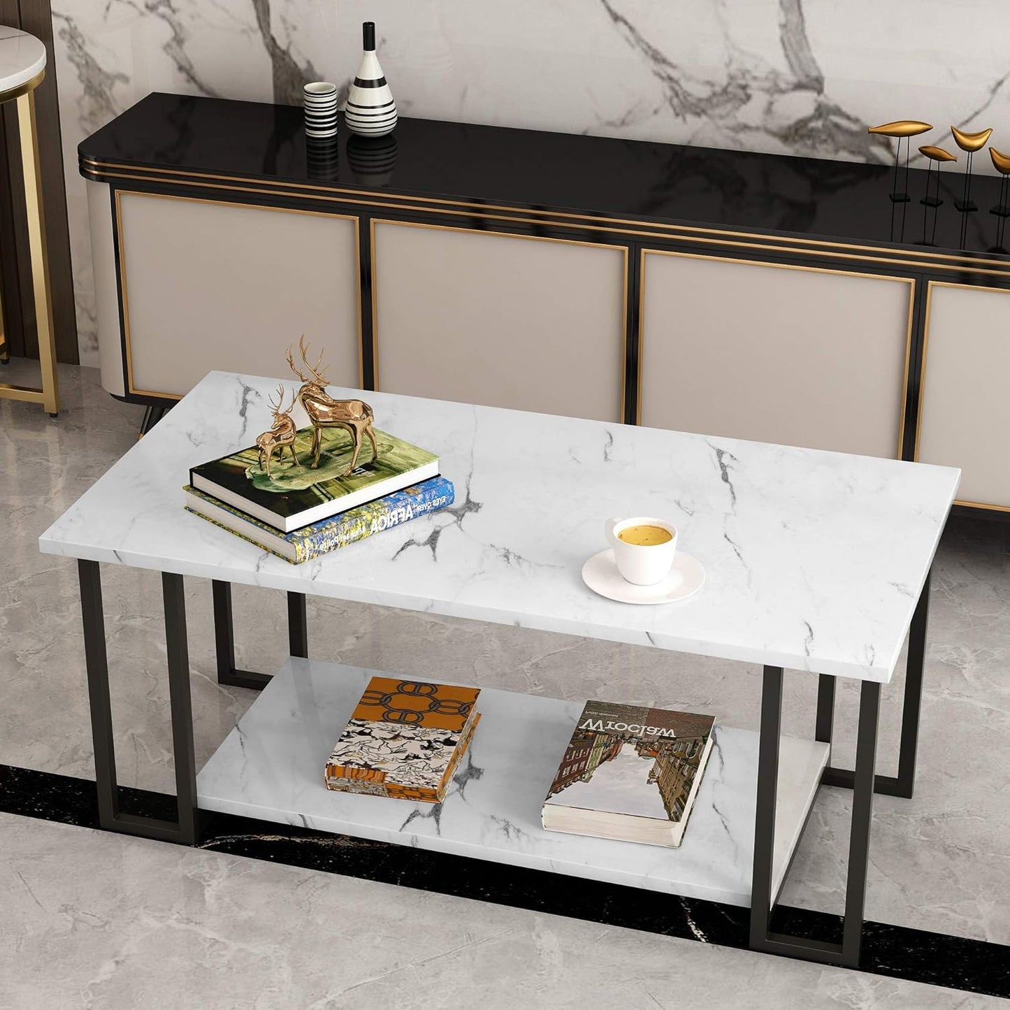 Gold Rectangle Coffee Table with Faux Marble for Living Room