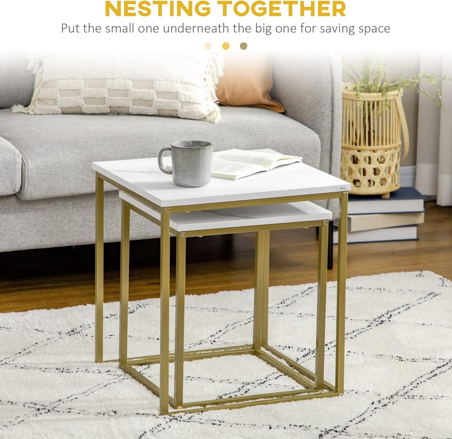 Set of 2 Square Nesting Tables with Metal Frame for Living Room