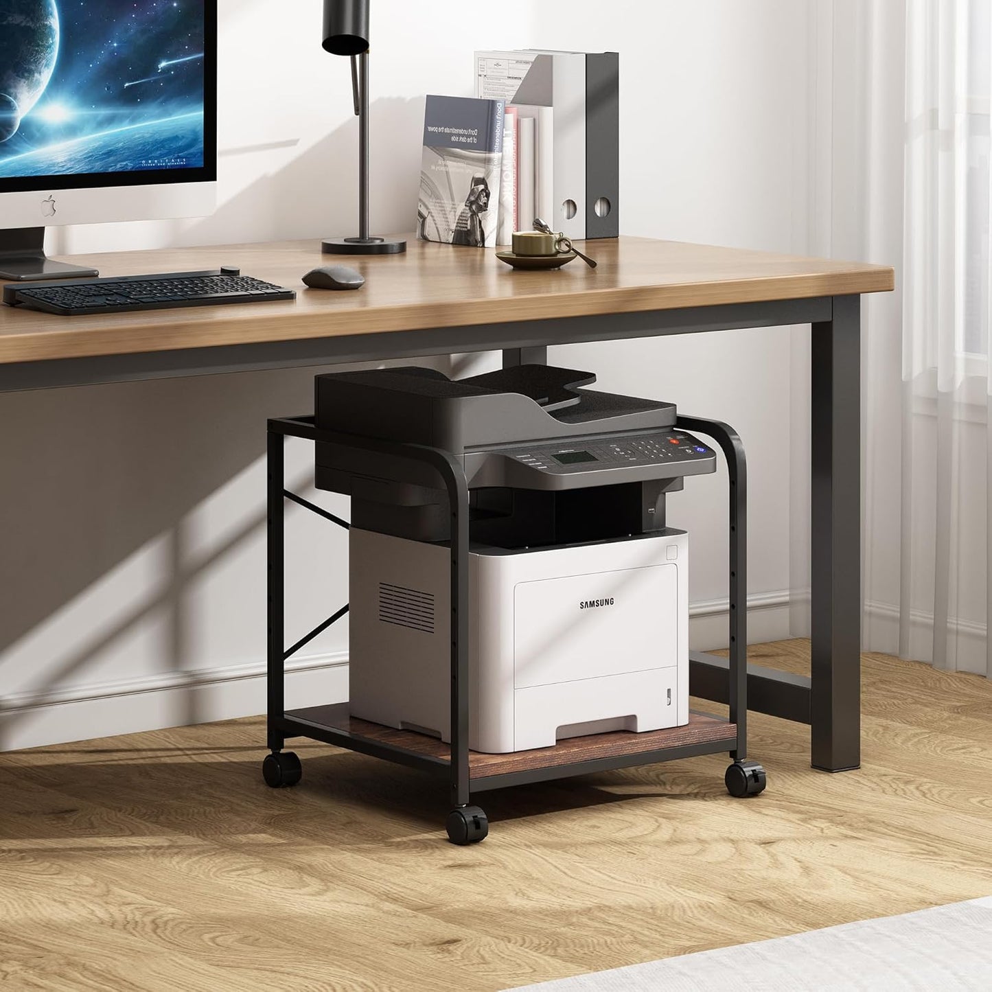Modern Minimalist Wooden Computer Desk  Multi-Tier Organizer designed to bring both style and practicality into your workspace.
