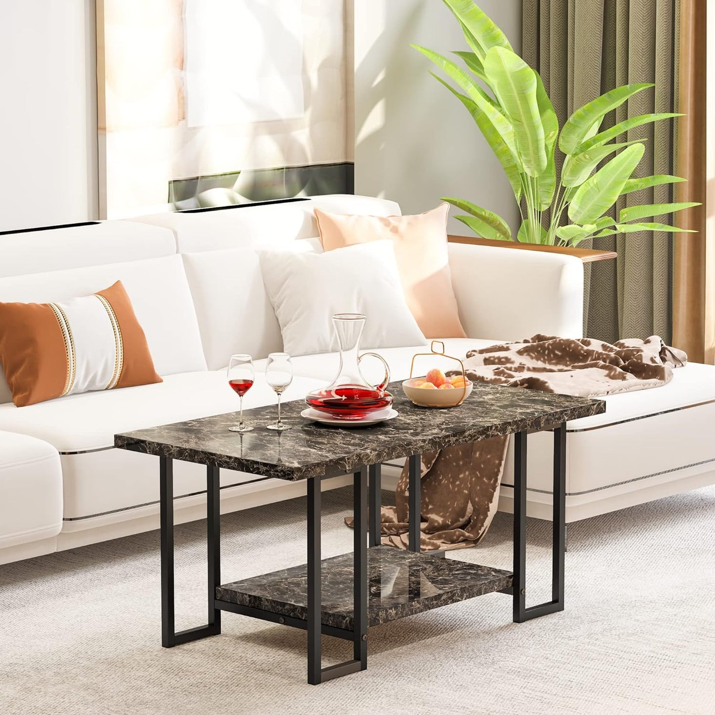 Gold Rectangle Coffee Table with Faux Marble for Living Room