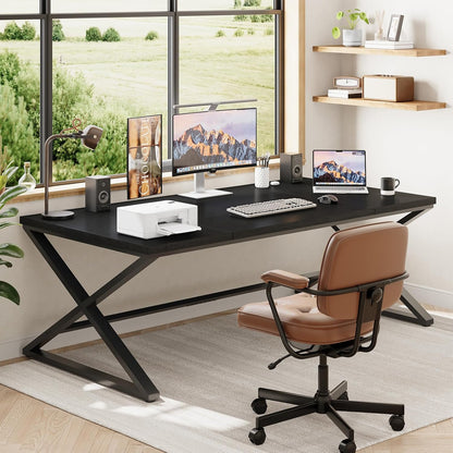 Elevate Executive Computer Desk, black powder-coated metal meets a sleek & wooden marble texture sheet