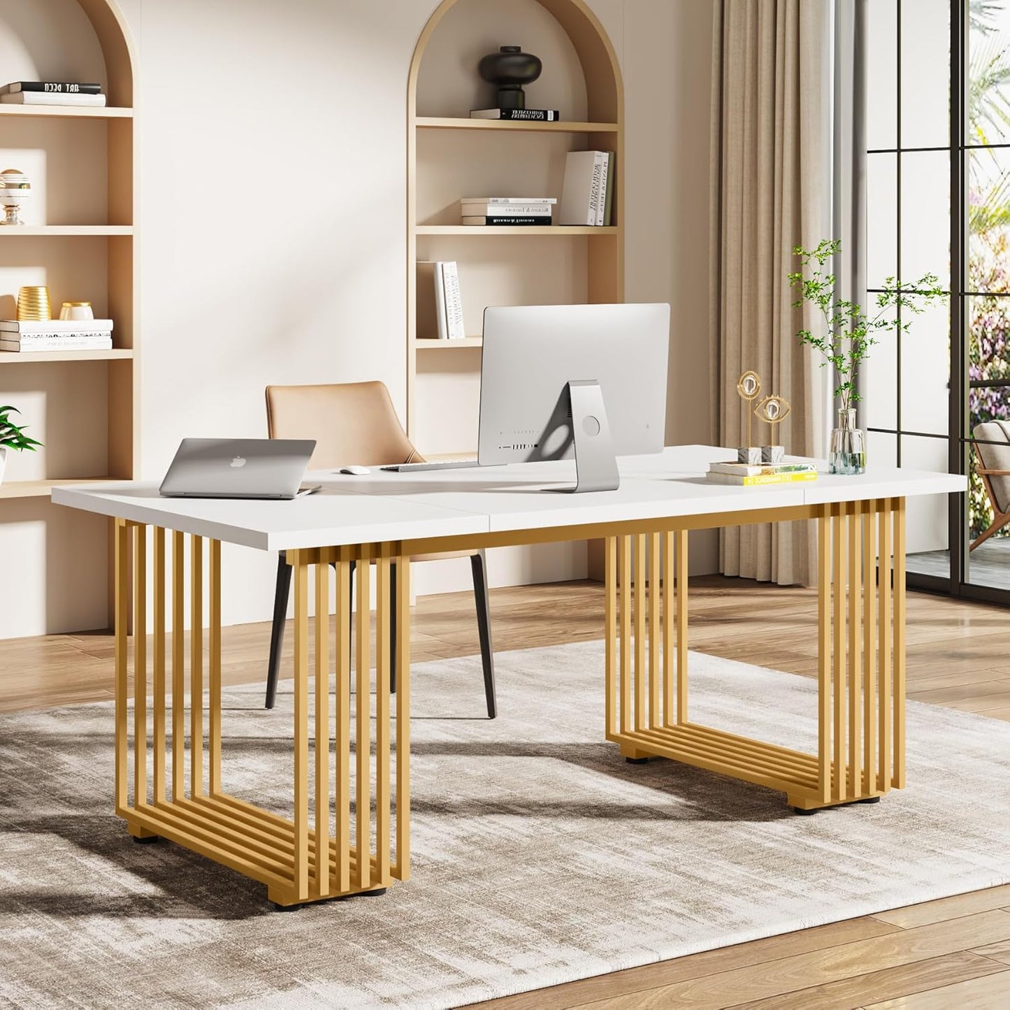 LuxeLine Gold Frame Executive Computer Desk – Elegant Minimalist Workspace Table for Modern Offices and Home Setups