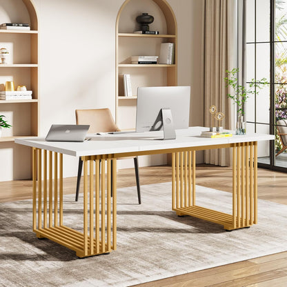 LuxeLine Gold Frame Executive Computer Desk – Elegant Minimalist Workspace Table for Modern Offices and Home Setups
