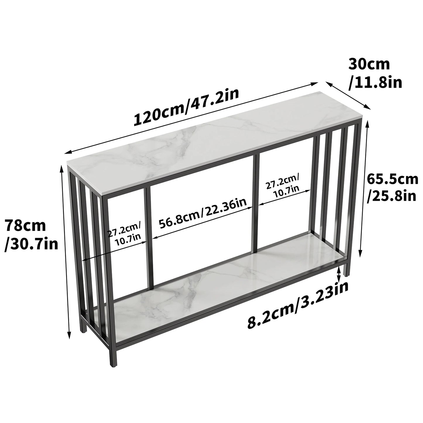 2-Tier White Marble Console Table - Extra Long with Open Shelf