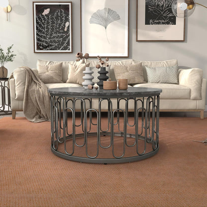 Modern Round Center Table with Coffee Tables – Wooden Marble Texture Top, Metal Legs, Living Room Decorative Metal Base Furniture (Set of 3)