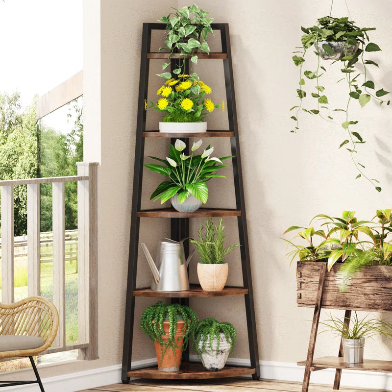 5-Tier Corner Rack Wood Shelf – Multipurpose Display Rack & Plant Stand for Living Room
