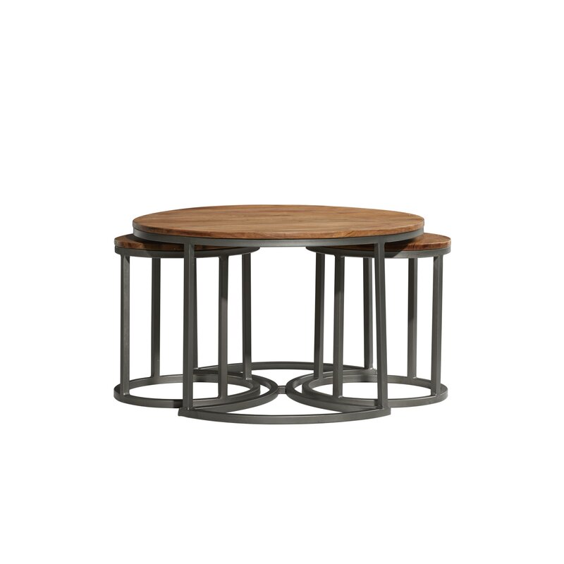Round modern set of 3  center table for office and living room solid wood nest of table in natural finish