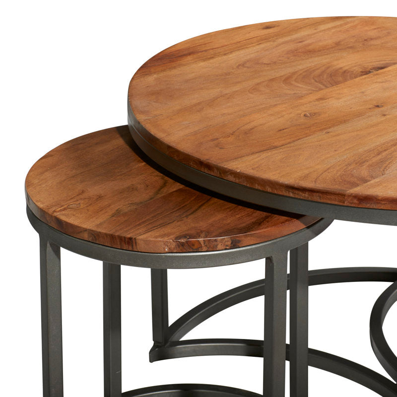 Round modern set of 3  center table for office and living room solid wood nest of table in natural finish