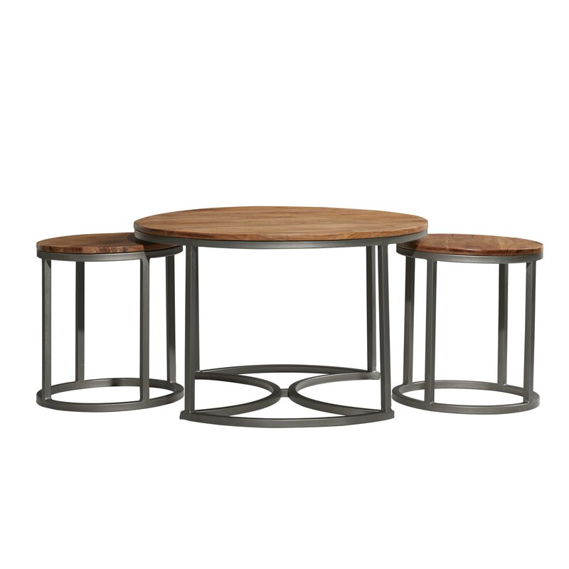 Round modern set of 3  center table for office and living room solid wood nest of table in natural finish