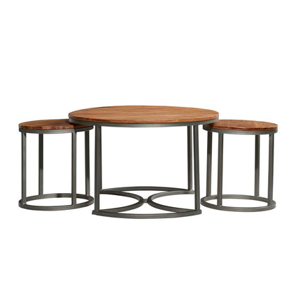 Round modern set of 3  center table for office and living room solid wood nest of table in natural finish