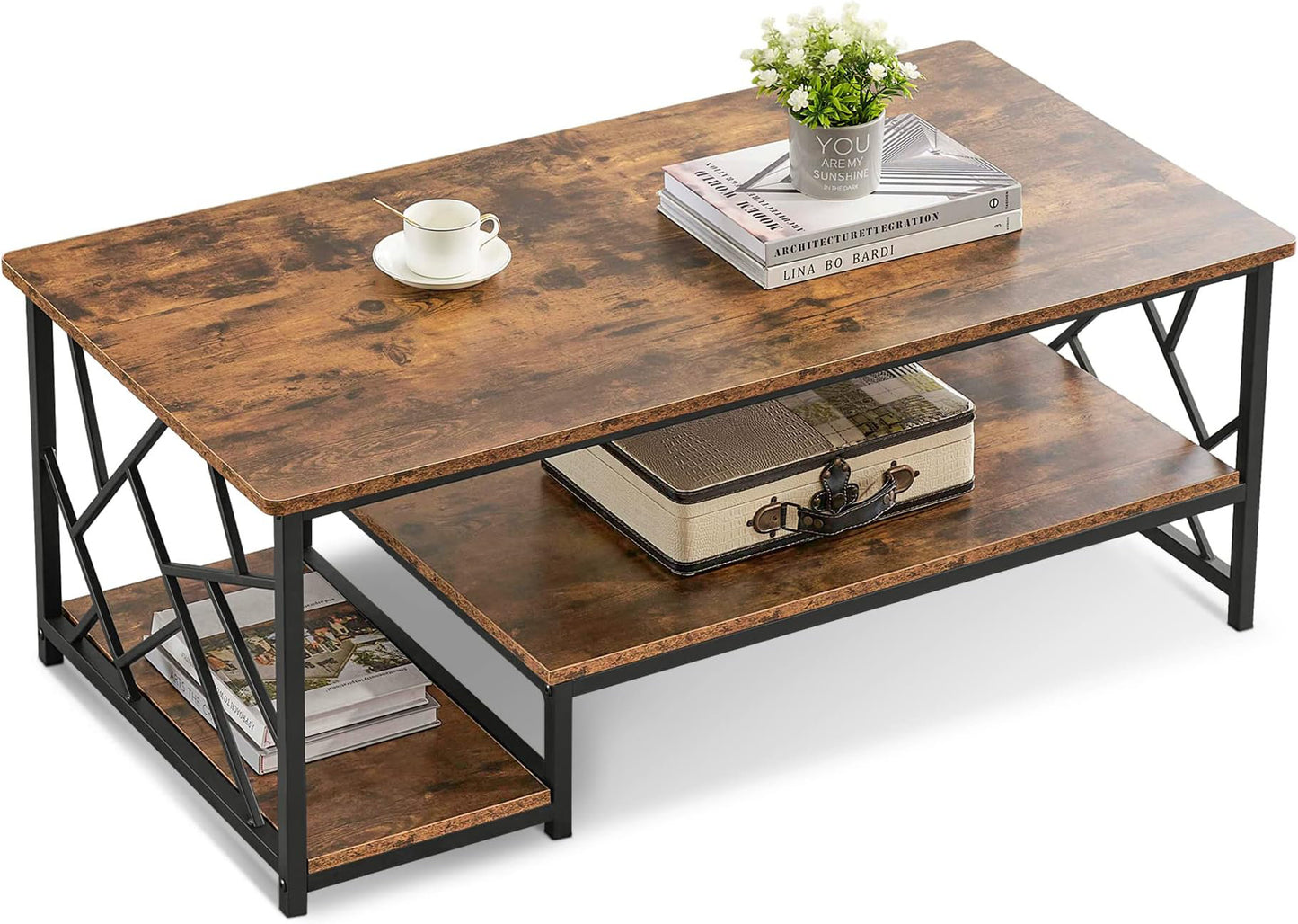 2 tier  Rectangle shape brown marble sheet black iron frame new and modern design center with Storage table for living room