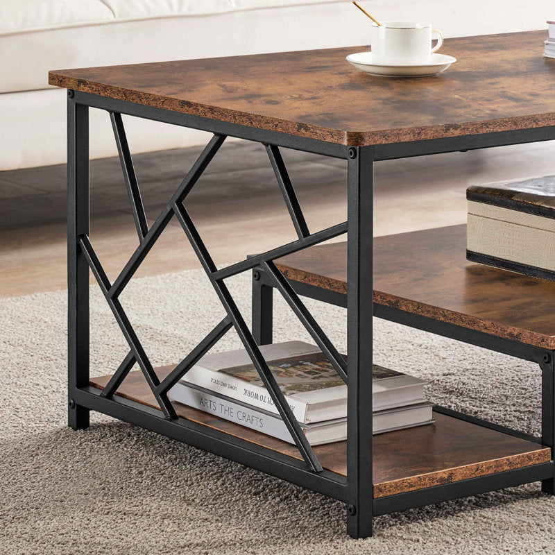 2 tier  Rectangle shape brown marble sheet black iron frame new and modern design center with Storage table for living room