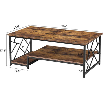 2 tier  Rectangle shape brown marble sheet black iron frame new and modern design center with Storage table for living room