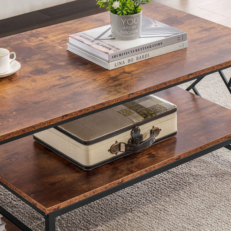 2 tier  Rectangle shape brown marble sheet black iron frame new and modern design center with Storage table for living room