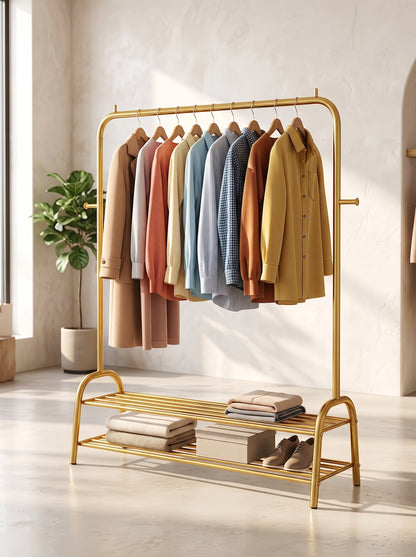 Heavy Duty Cloth Hanging Rack with 2-Tier Shoe Shelf & Side Hook