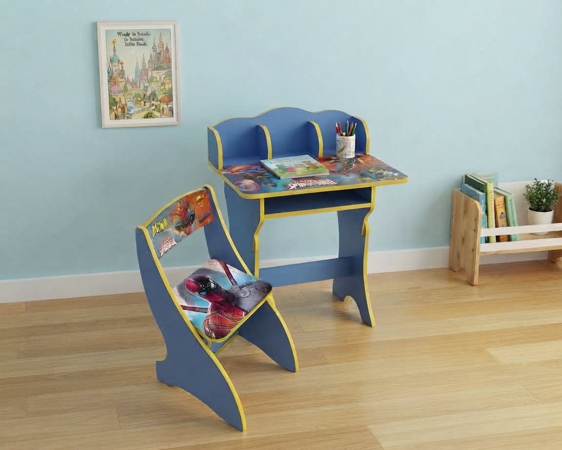 Marvel Superheroes Kids Study Table & Chair Set - Wooden Children's Desk with Bookshelf, Storage Drawer & Spider-Man Batman Licensed Character Design for Boys