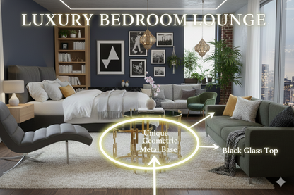 Gold Nesting Table Set with Black Glass Tops - Modern Living Room Furniture