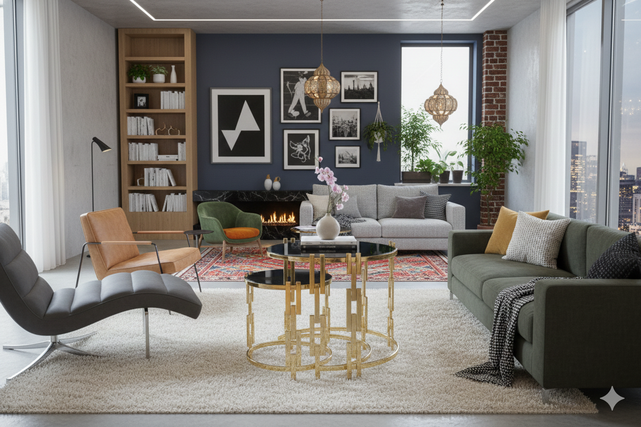 Gold Nesting Table Set with Black Glass Tops - Modern Living Room Furniture