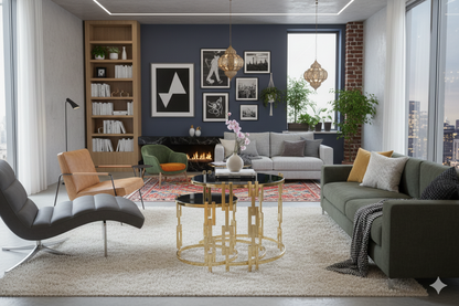 Gold Nesting Table Set with Black Glass Tops - Modern Living Room Furniture